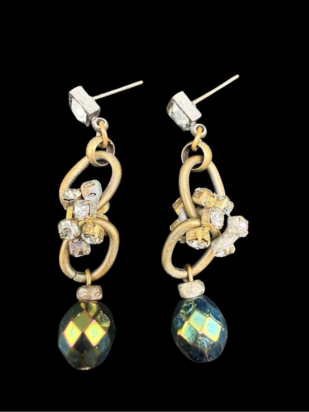 Vintage Gold Crystal Drop Earrings with Iridescent Beads